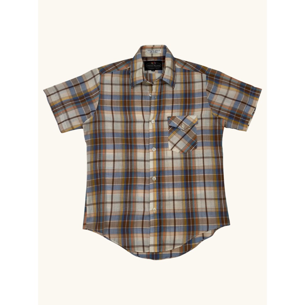 Vintage Fruit of the Loom Plaid Short Sleeve Button Up Shirt Blue Brown Size 16